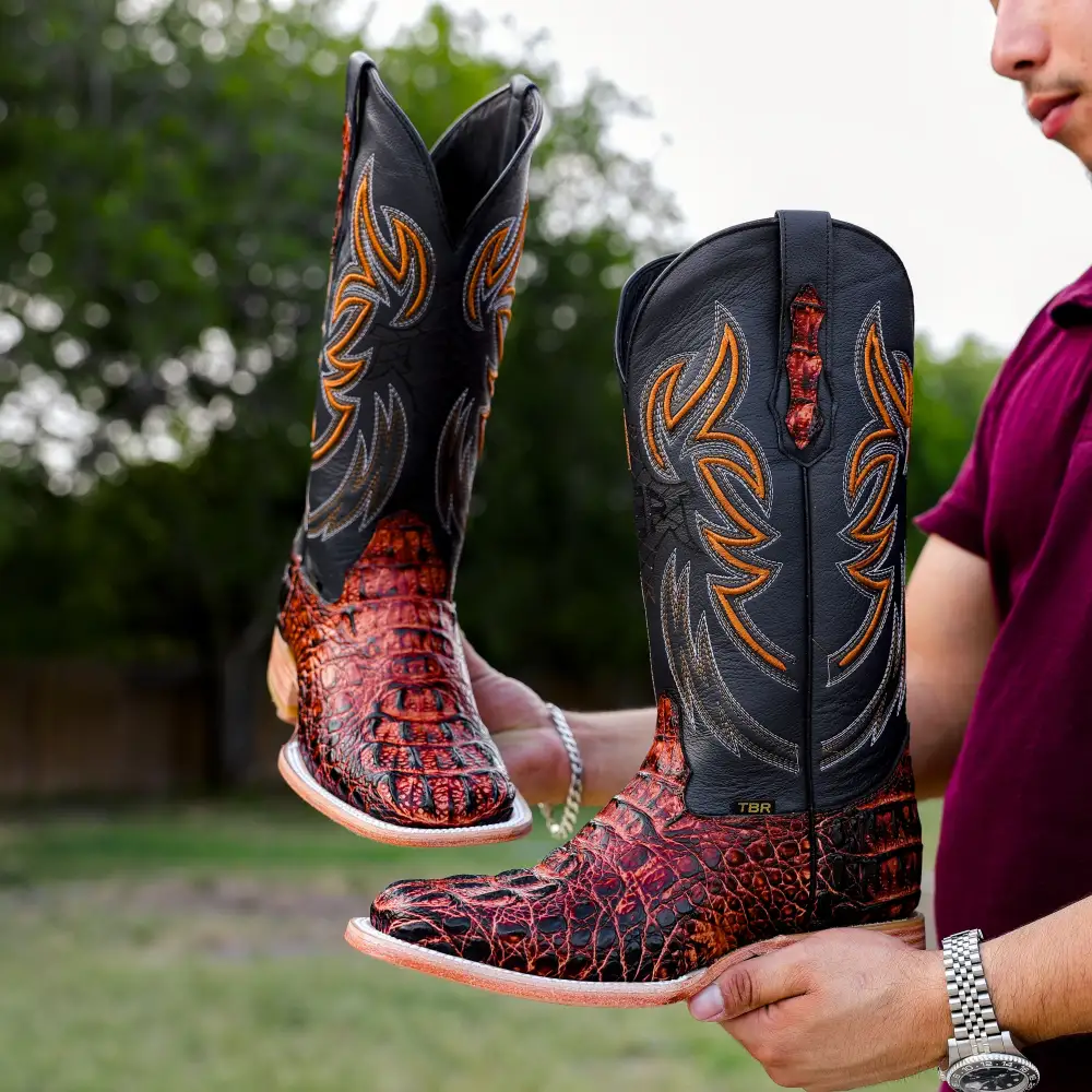 Cognac Caiman Neck Leather Boots - Square Toe