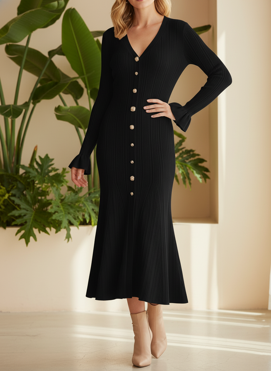 NEW🔥 Casual Solid V-Neck Woolen Dress