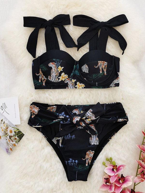Leopard-Print Bandage High-Waist Bikini Swimwear