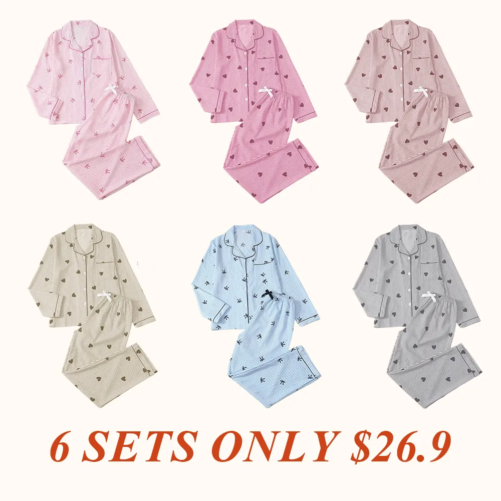 Women's Striped Bow Print Long Sleeve Pajama Set