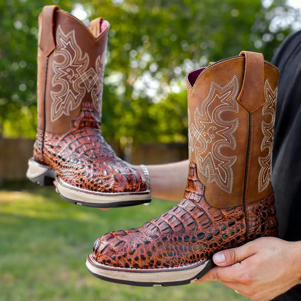 Cognac Caiman Neck Leather Boots With 3D Lightweight Sole - Composite Toe