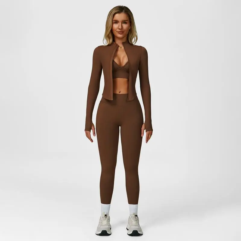 Women's Solid Criss Cross Crop Tank Top & High Waist Leggings & Zip Up Crop Jacket Tracksuit Set