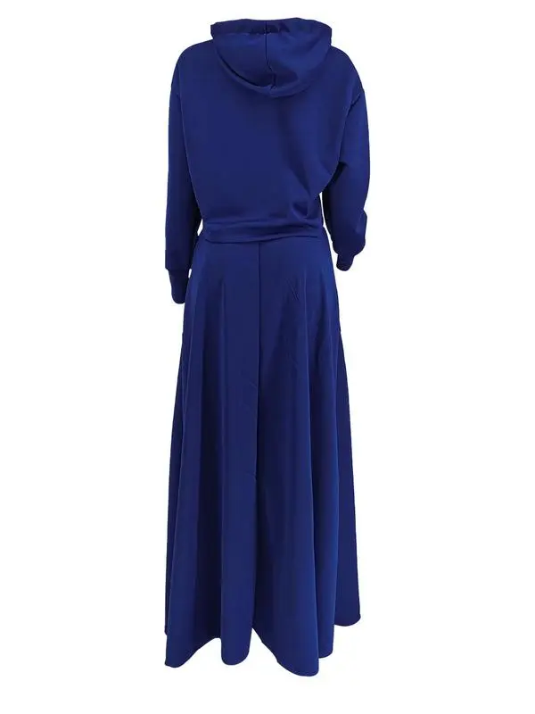 Women's Solid Drawstring Hoodie & Split Thigh Skirt Set