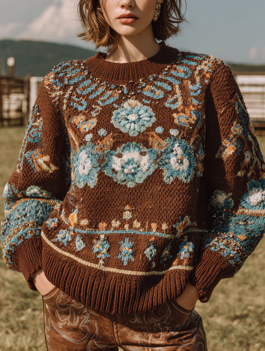 Women's Vintage Western Crew Neck Knit Sweater