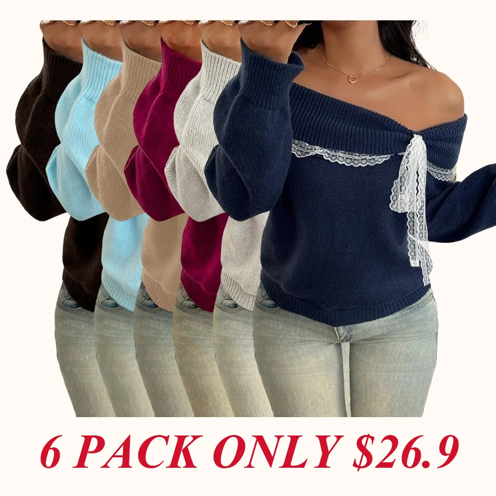 Women's off-shoulder lace bow sweater
