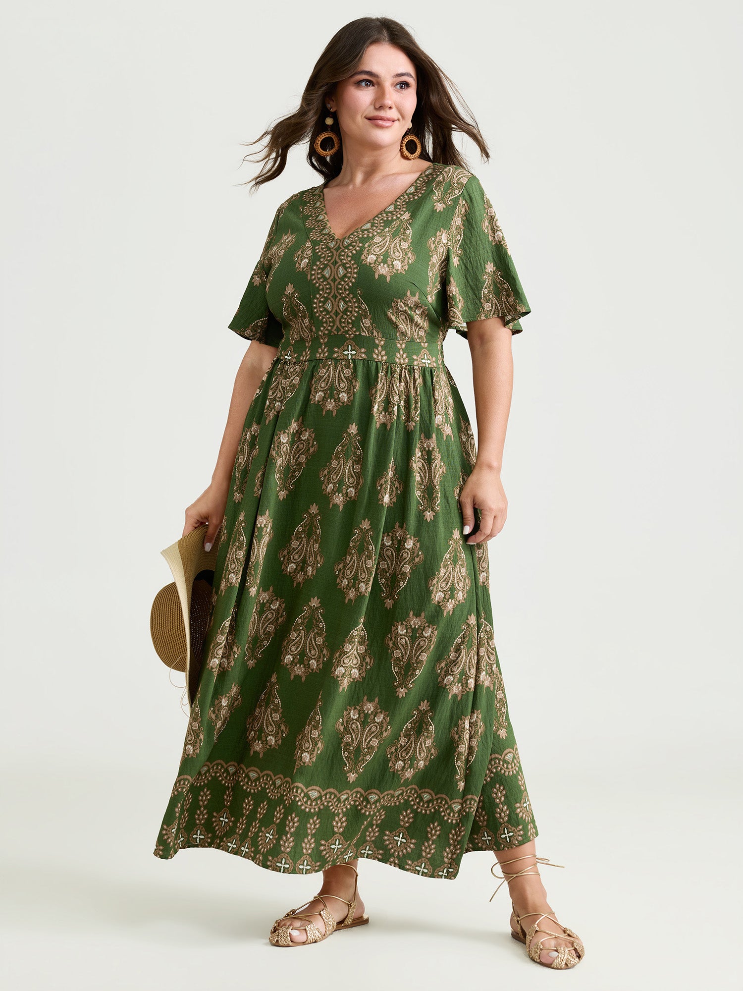 Paisley Print Pockets Shirred Waist Maxi Dress