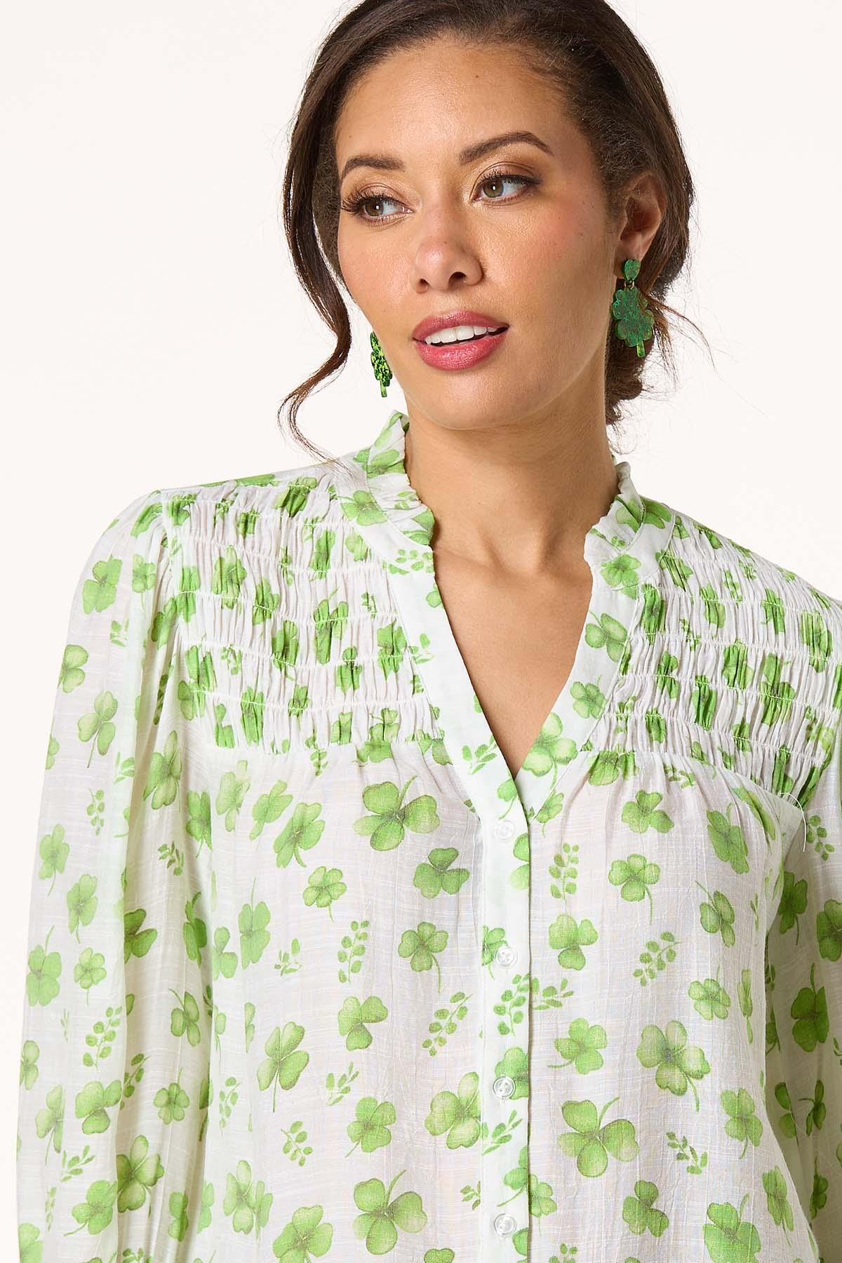 Smocked Bib Clover Print Top
