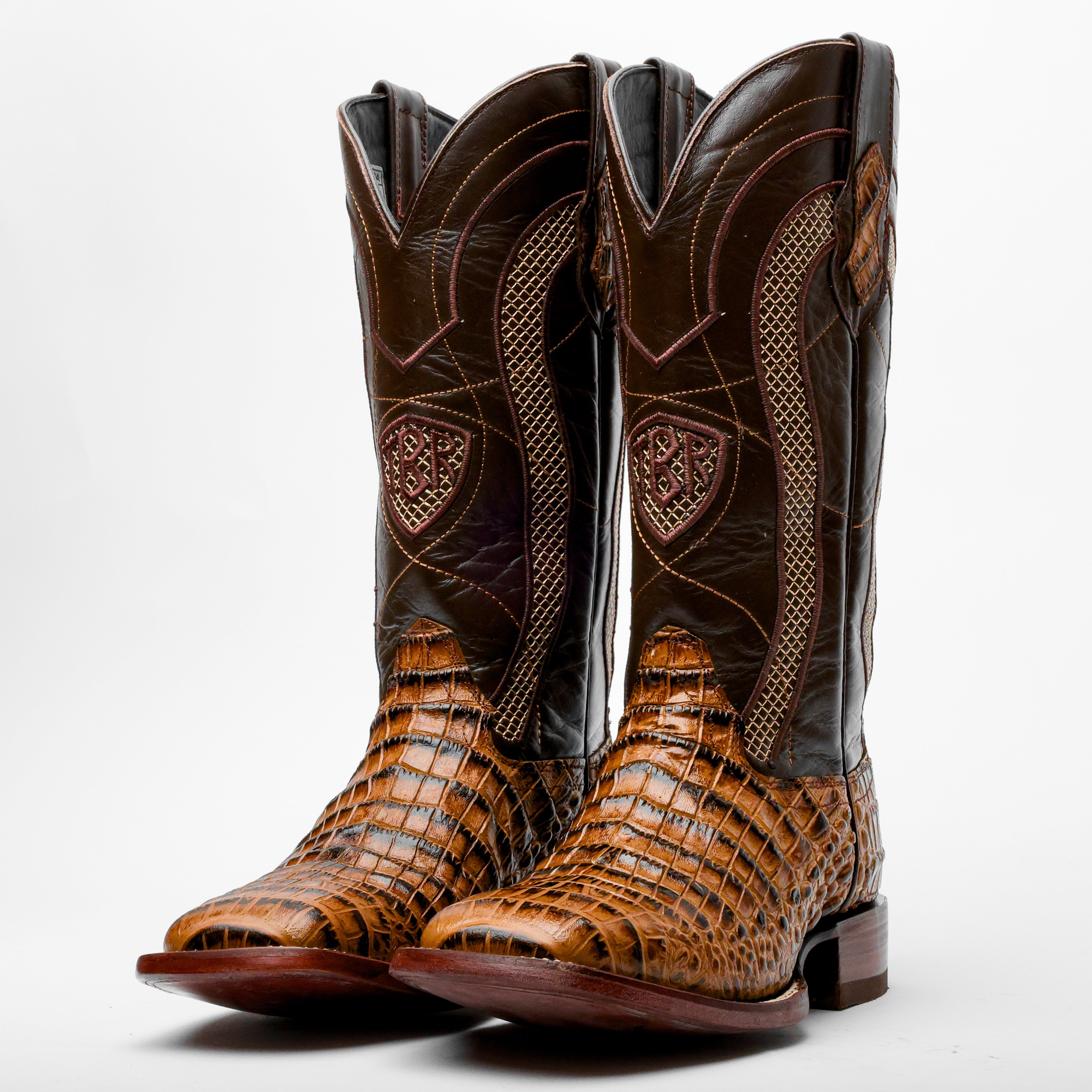 Honey Caiman Belly Leather Boots - Square Toe
