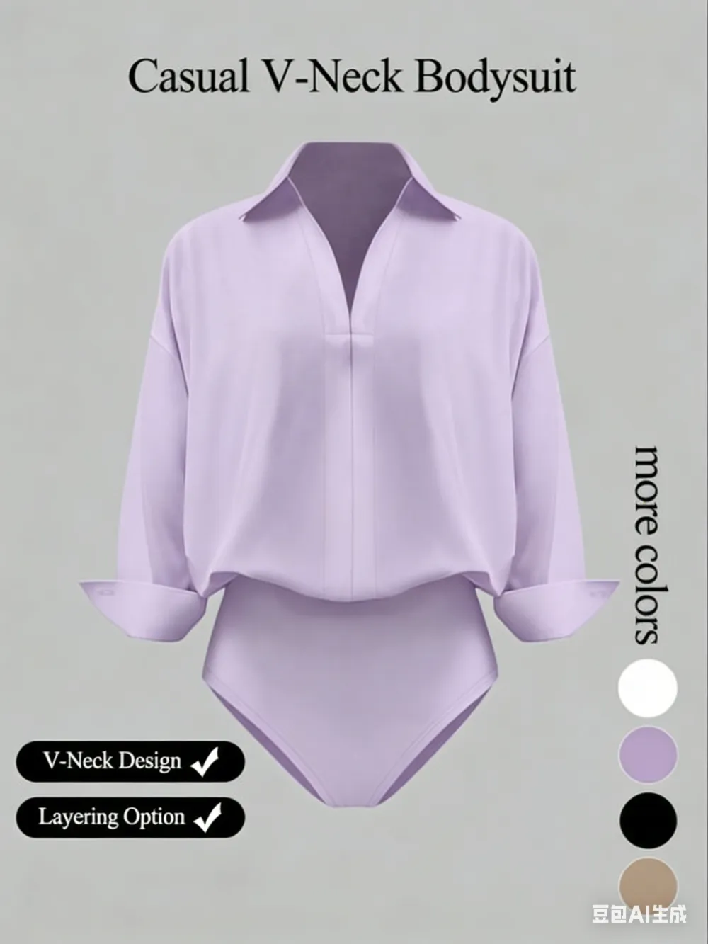 Women's casual loose-fitting V-neck long-sleeved shirt jumpsuit, made from elegant woven fabric