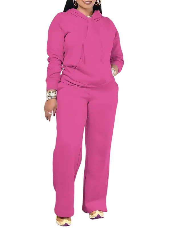Women's solid color drawstring hoodie and high-waisted pants set