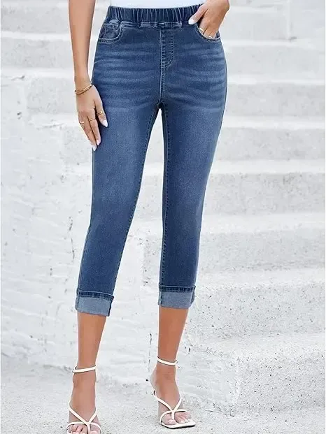 Women High Waisted Skinny Capri Pants Trendy Stretch Denim Cropped Jeans