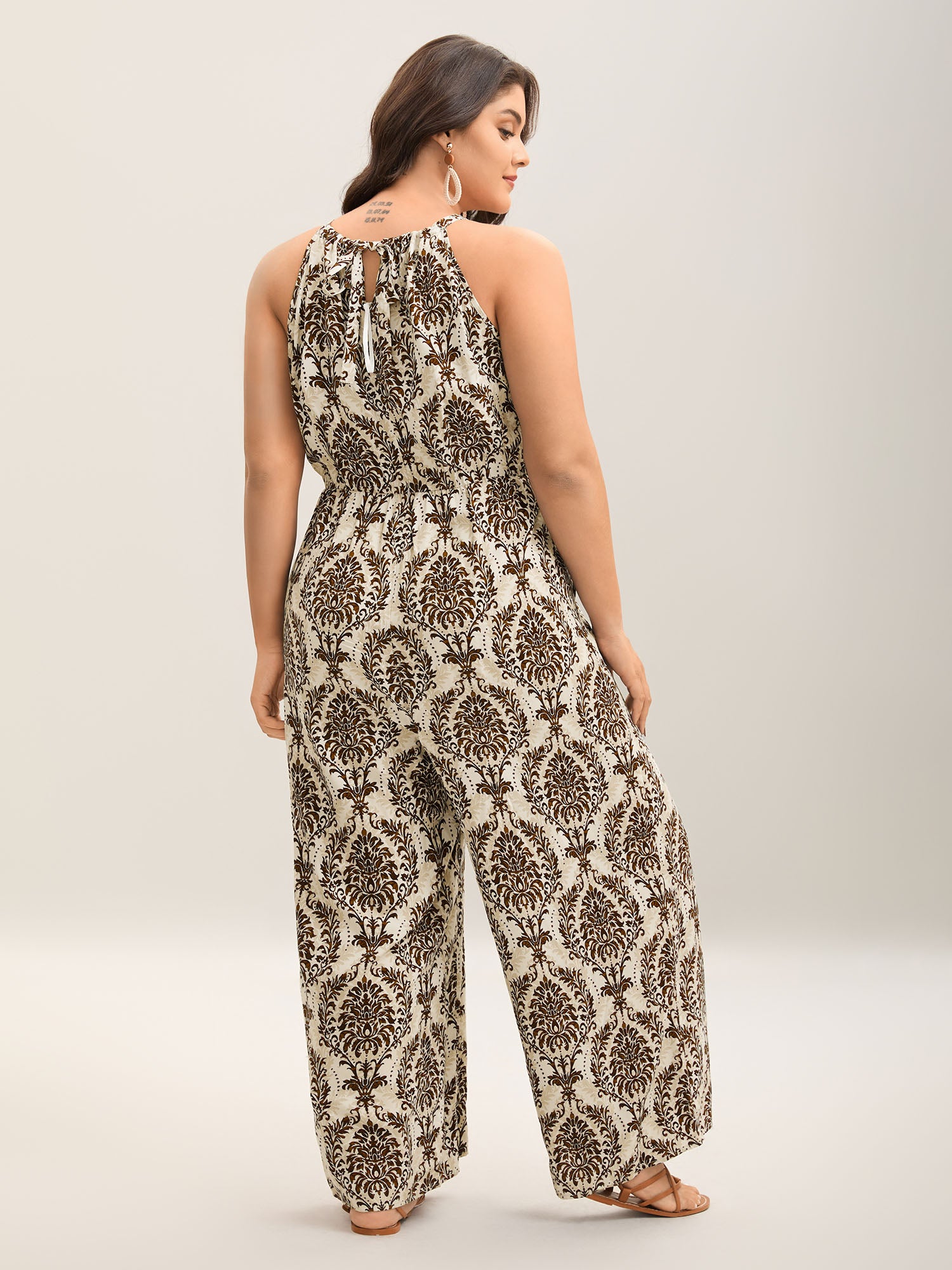 Rayon Damask Print Stretchy Waist Jumpsuit