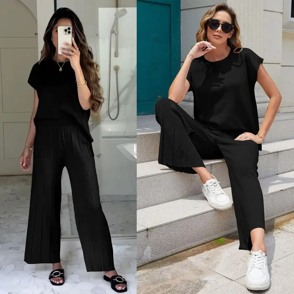 Lounge Sets for Women Two Piece Outfits Knit Cap Sleeve Tops Wide Leg Pleated Pants Casual Dressy Sweater Sets