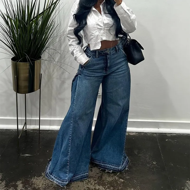 Women Flared Wide Side Loose Jeans High Waist