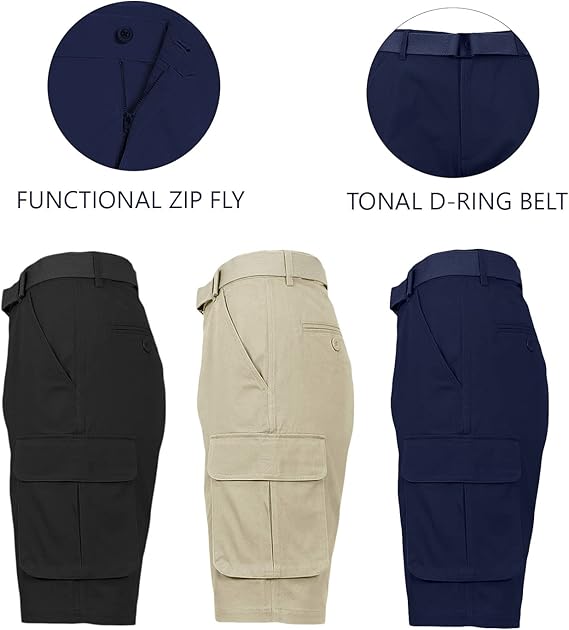 Men's 3-Pack Cotton Stretch Cargo Shorts With Belt