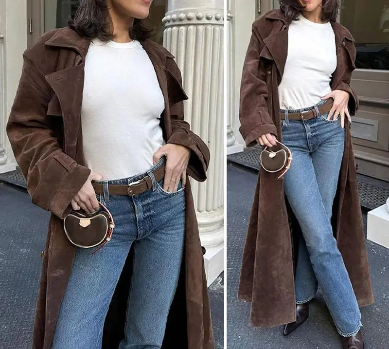 Women's faux suede long trench coat