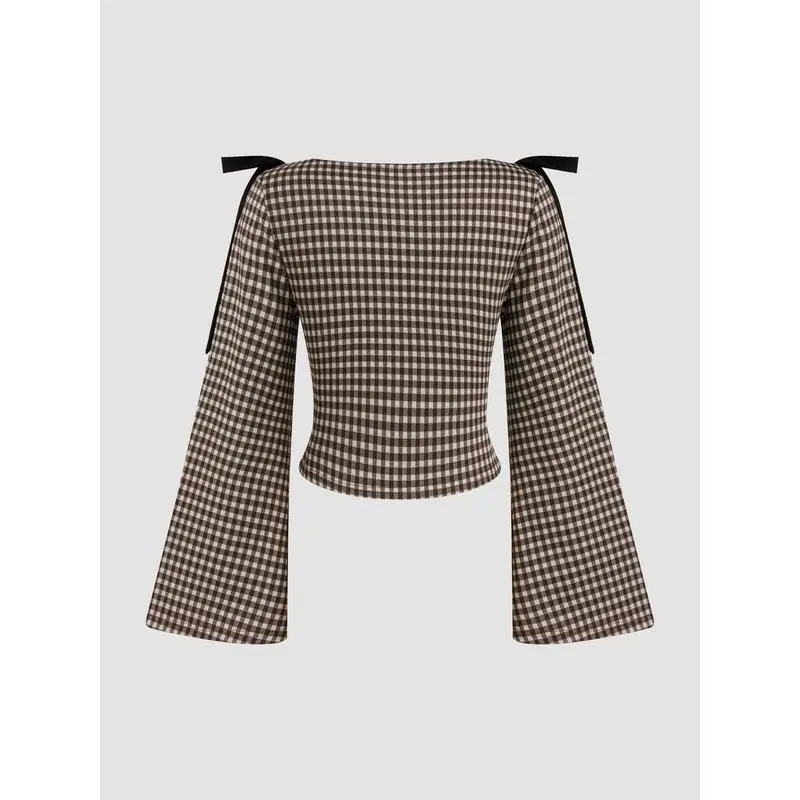 Gingham Bowknot Ruched Long Sleeve Top