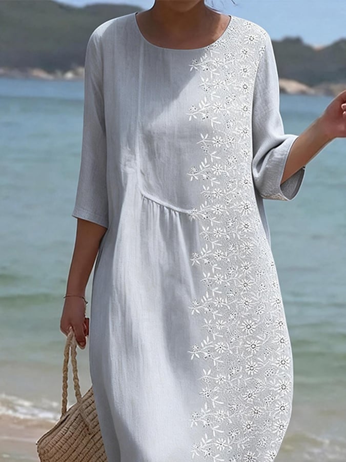 Women's Casual  Round Neck Mid Sleeve Print Cotton and Linen Dress- Fast Shipping