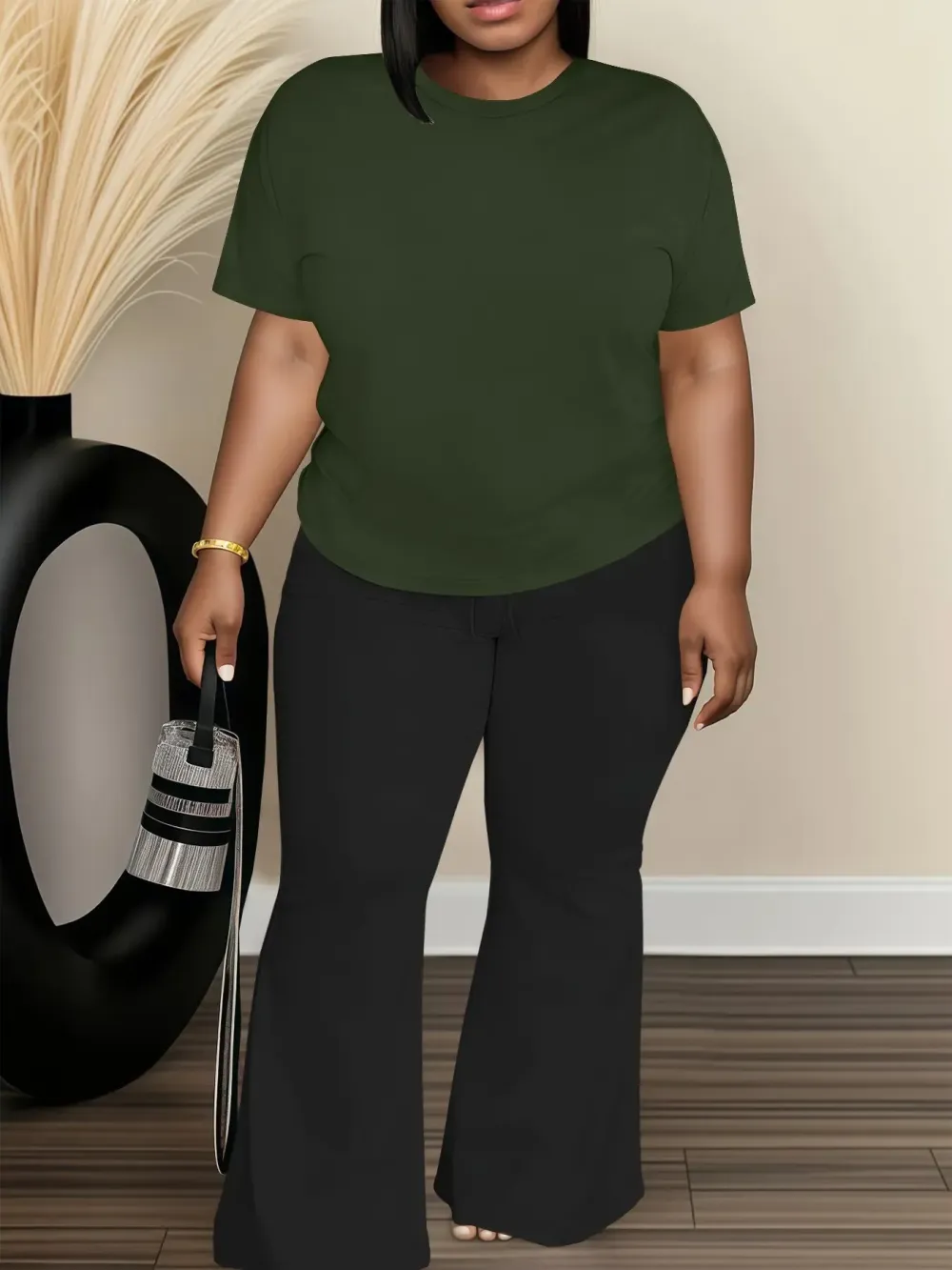 Women's Fashionable Big Size Casual Round Neck Short Sleeve Top & Loose Fit Straight Pants Set, Spring & Fall Comfortable Plain Design