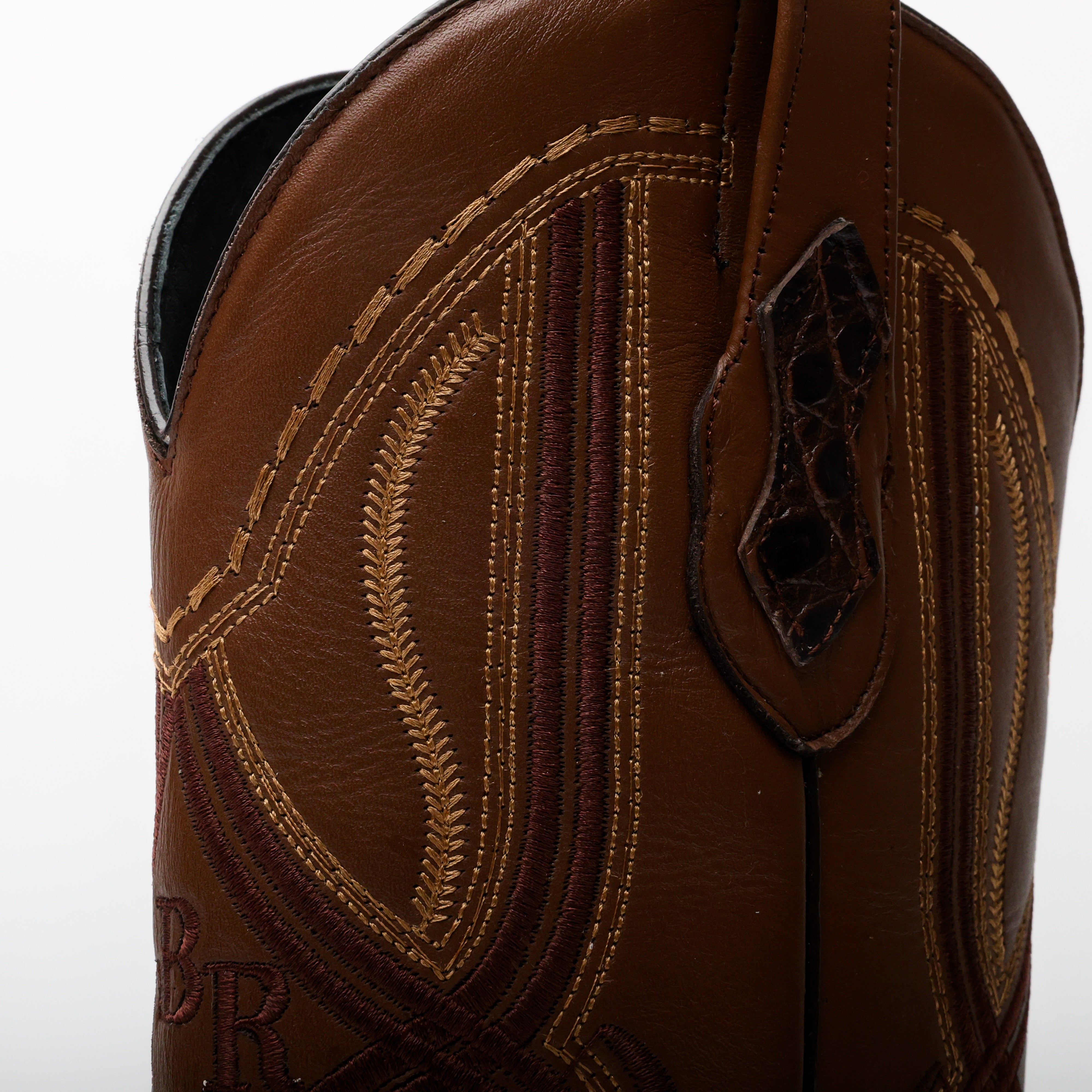 Brown Caiman Neck Leather Boots - Square Toe