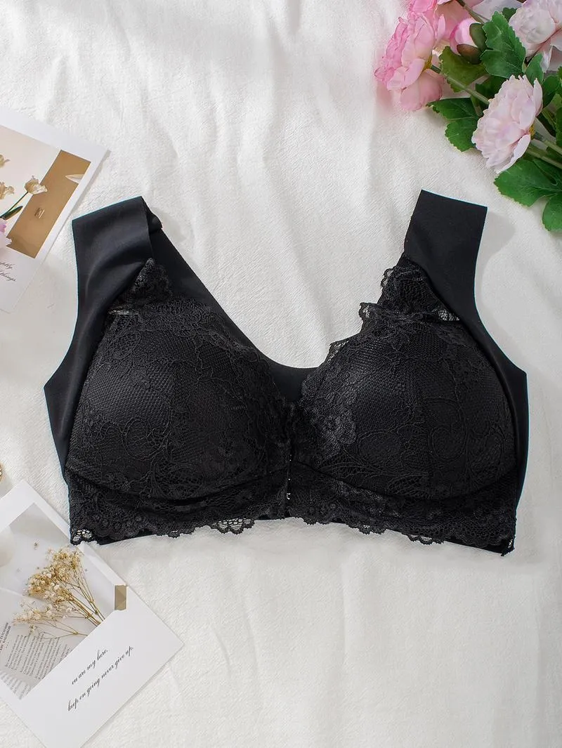 Women's Contrast Lace Hook & Eye Front PushUp Bra