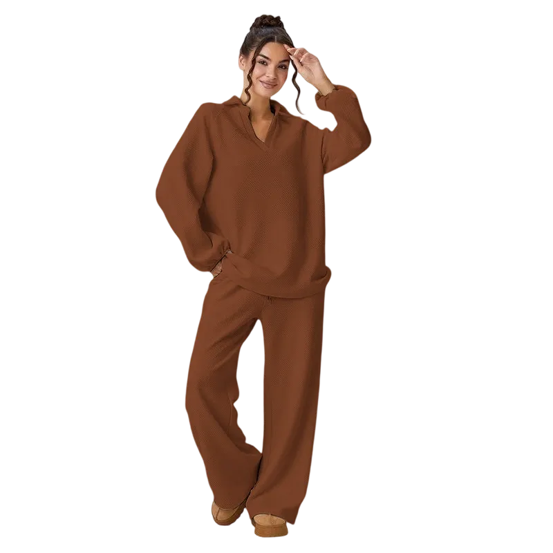 Women's loose-fitting V-neck textured pullover and drawstring waist pants set