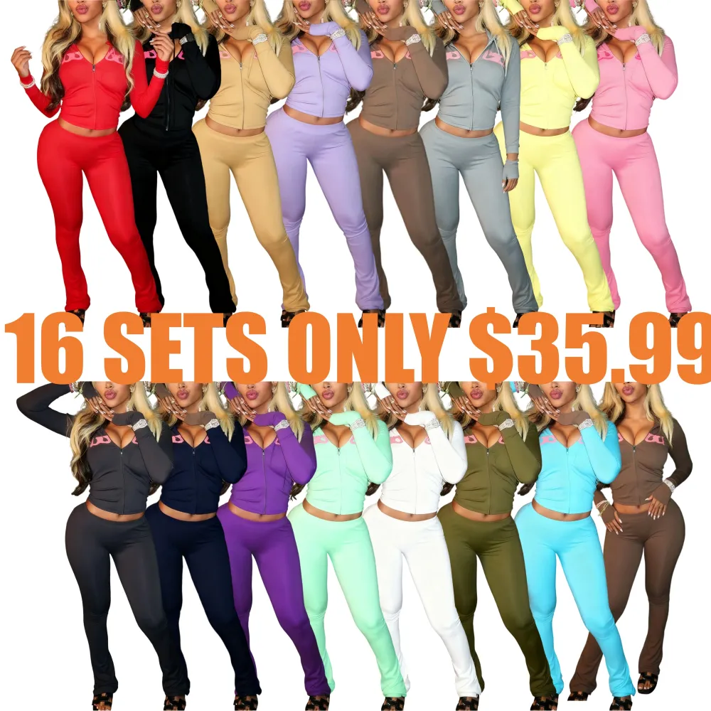 Women's Fall Winter Hooded Letter Print Zipper Jacket and Pants Set