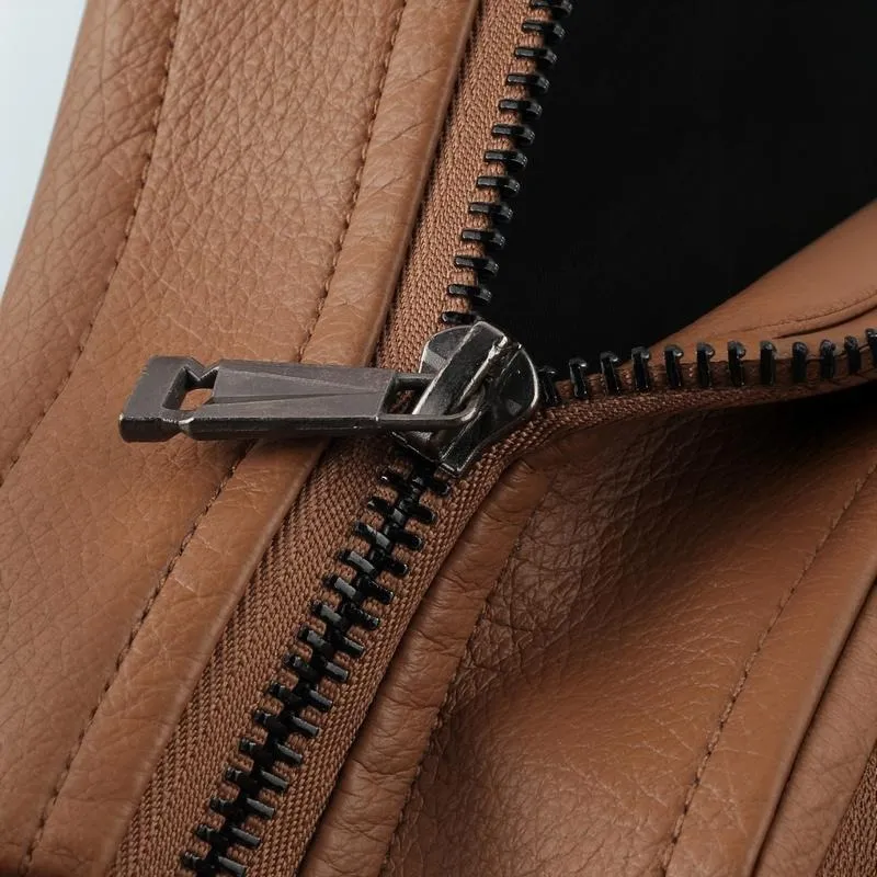 Men's Windproof Leather Jacket with Zipper Closure Solid Color Sport Style Pilot Motorcycle Model Multi