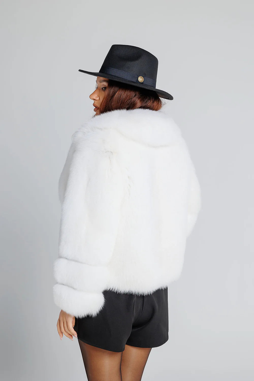 Haină din Blană Naturală de Vulpe, cu Guler Rever, Femei, Pure White 346