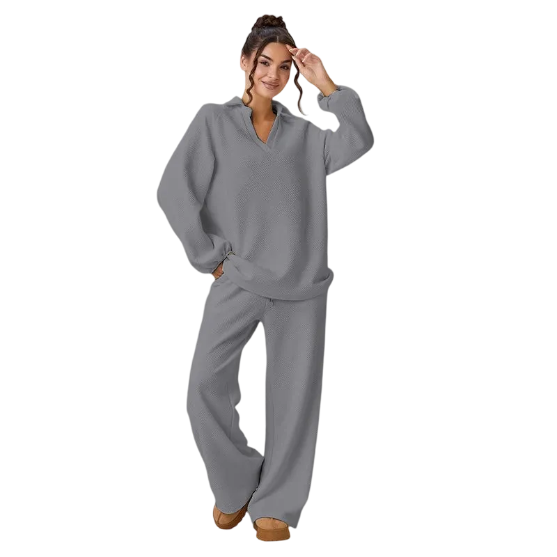Women's loose-fitting V-neck textured pullover and drawstring waist pants set