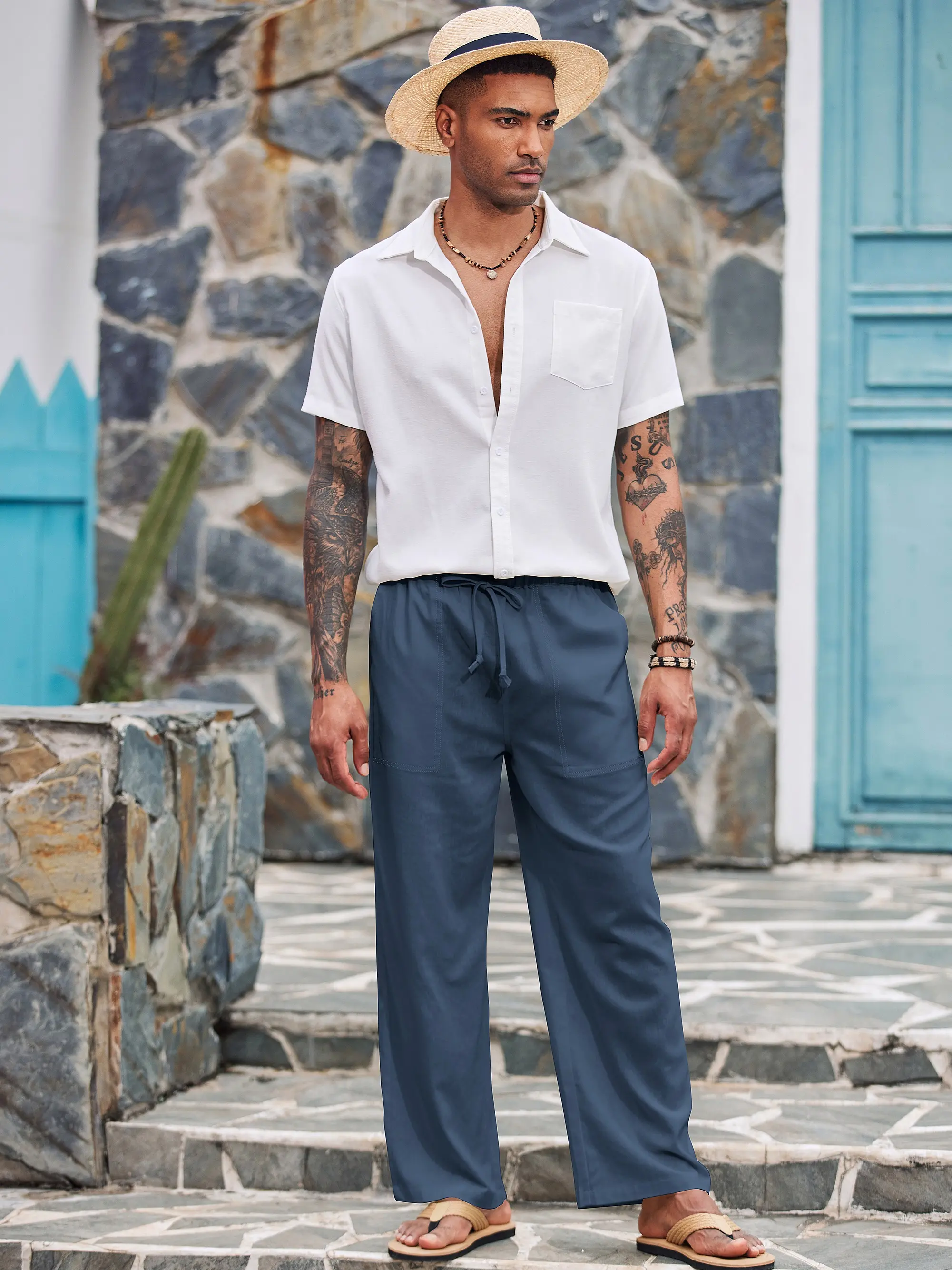 New York Fashion Week Linen Yoga Elastic Beach Vacation Pants Cotton Fabric Bottom Breathable Drawstring Light Loose Comfort Fit Adjustable Summer Trouser