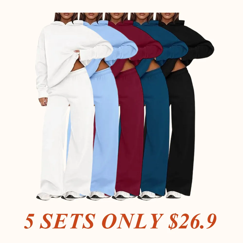 Womens Sweatsuits 2 Piece Set Casual Winter Long Sleeve Hoodie Loose Wide Leg Sweatpants Fall Tracksuit