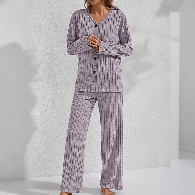 Autumn And Winter Warm Light Purple Knitted V-Neck Button Cardigan Ribbed Long-Sleeved Trousers Home Good Sleep Two-Piece Set