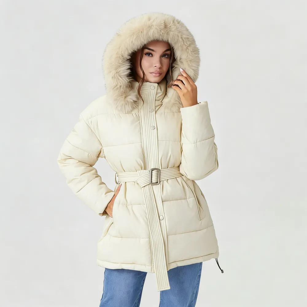 Women's Versatile Solid Color Fluffy Hooded Zip-Up Belt Decor Cotton Coat