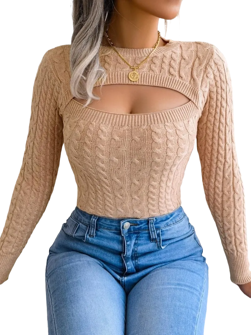 Women's solid color openwork round neck sweater