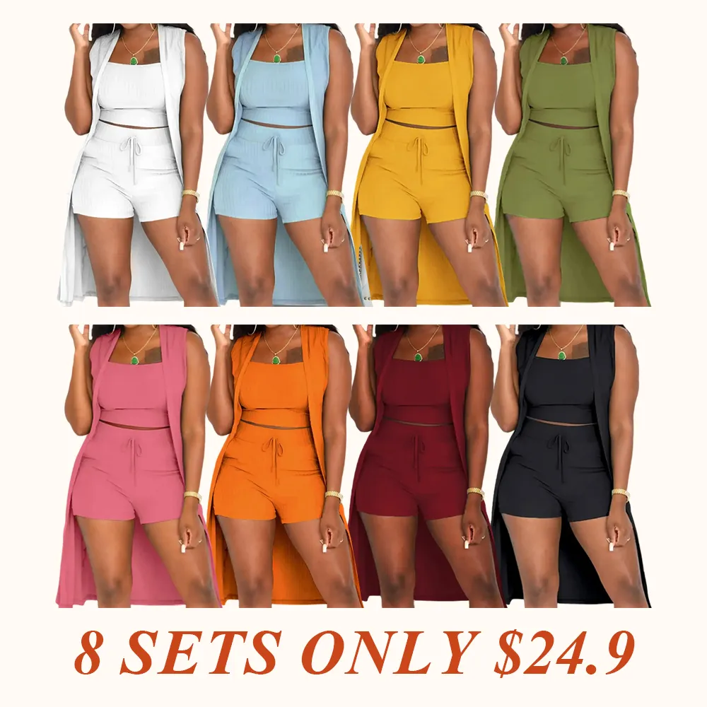 Three-Piece Set Women's Solid Ribbed Co-ord Set, Casual Crop Tank Top & Drawstring Waist Shorts & Vest Coat Set for Daily Wear