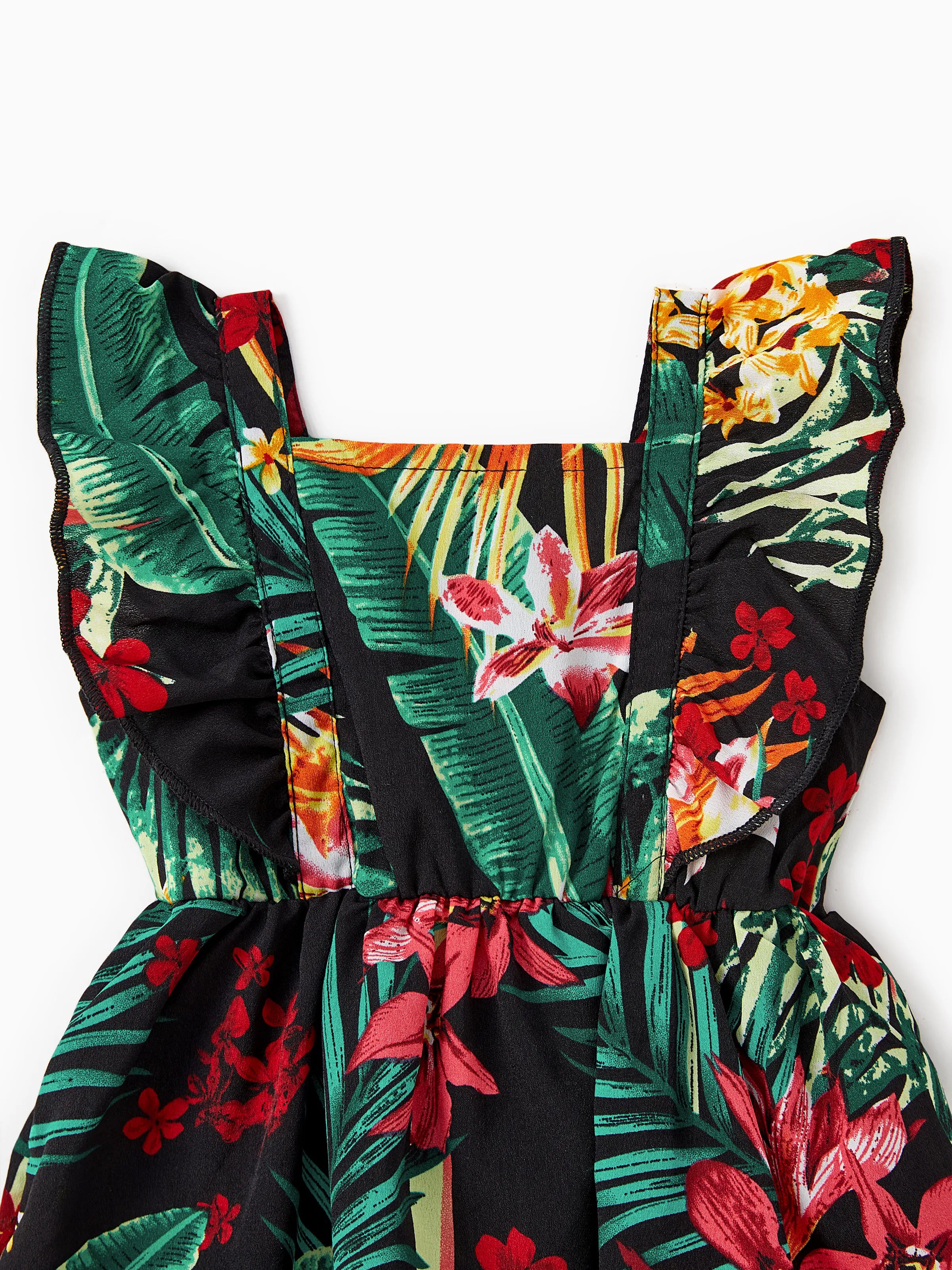 Family Matching Allover Plant Floral Print Halterneck Dresses and Short-sleeve Shirts Sets Black