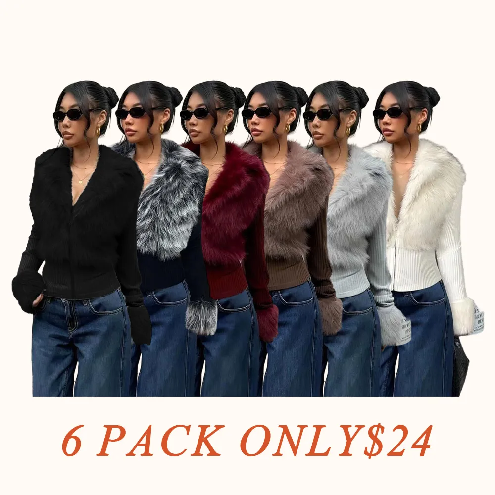Women's Fashion Street Style Patchwork Knit Faux Fur Jacket