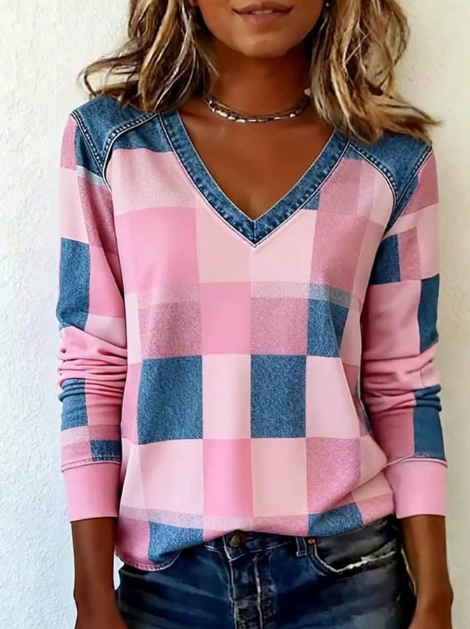 Women'S Casual V Neck  Patchwork Pullover Sweatshirt