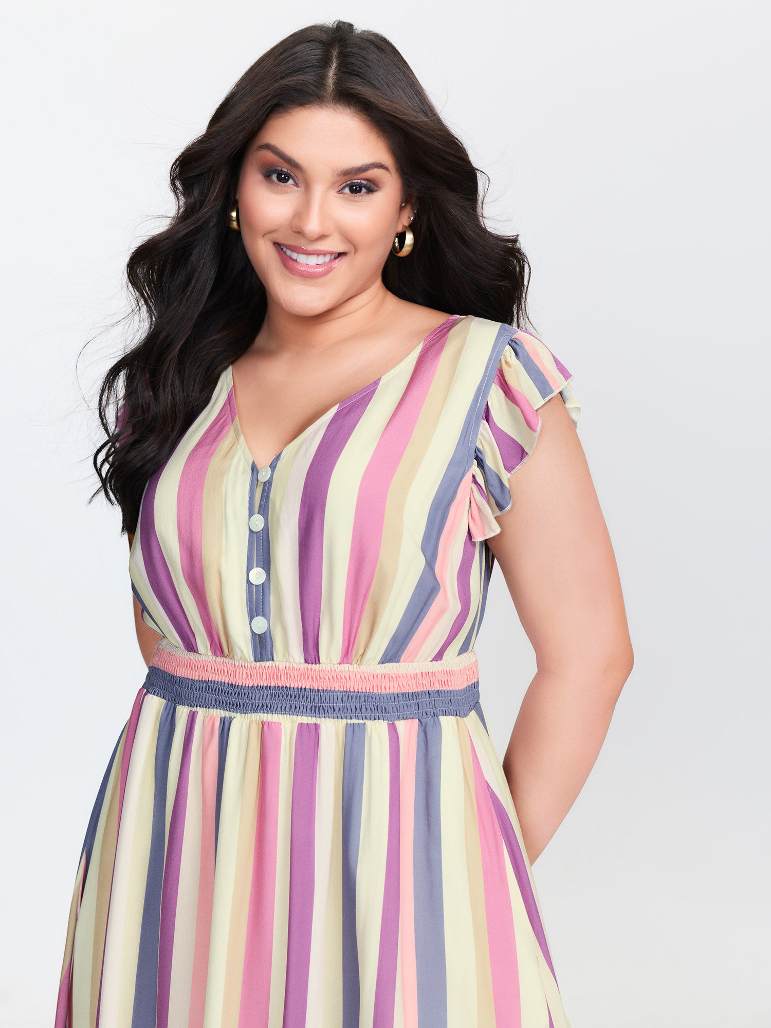 Striped Babydoll Flutter Sleeve Midi Dress