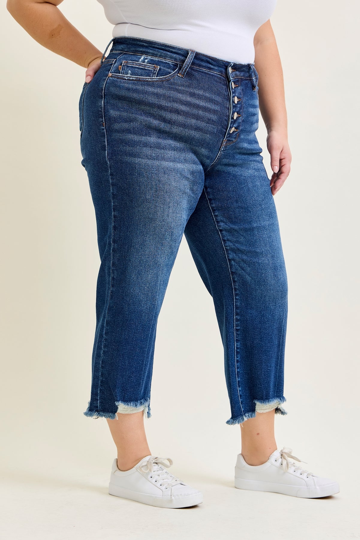 Dottie Button Fly Distressed Hem Crop Wide - PLUS