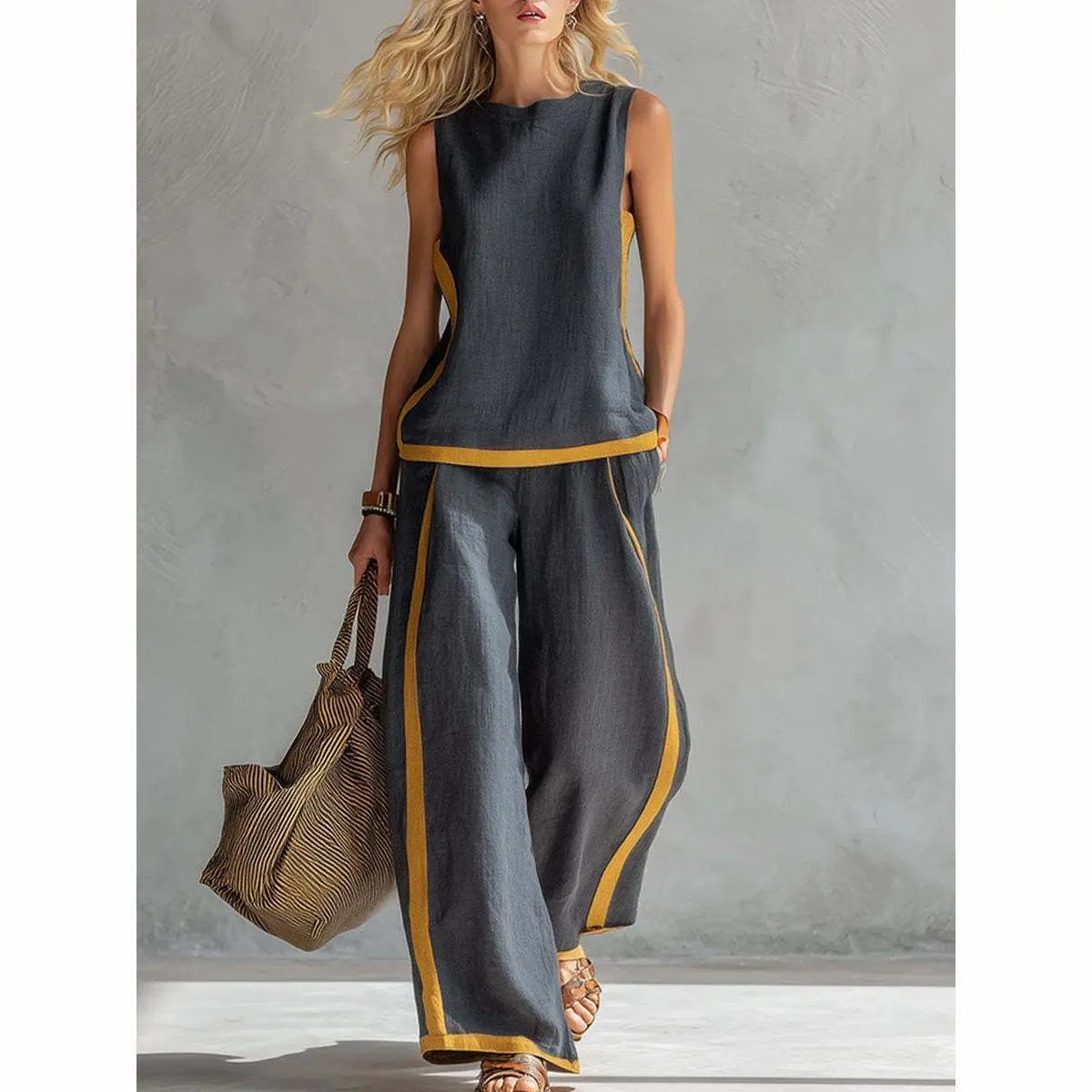 Women's Color Block 2-Piece Set – Sleeveless Top & Wide Leg Pants Summer Outfit