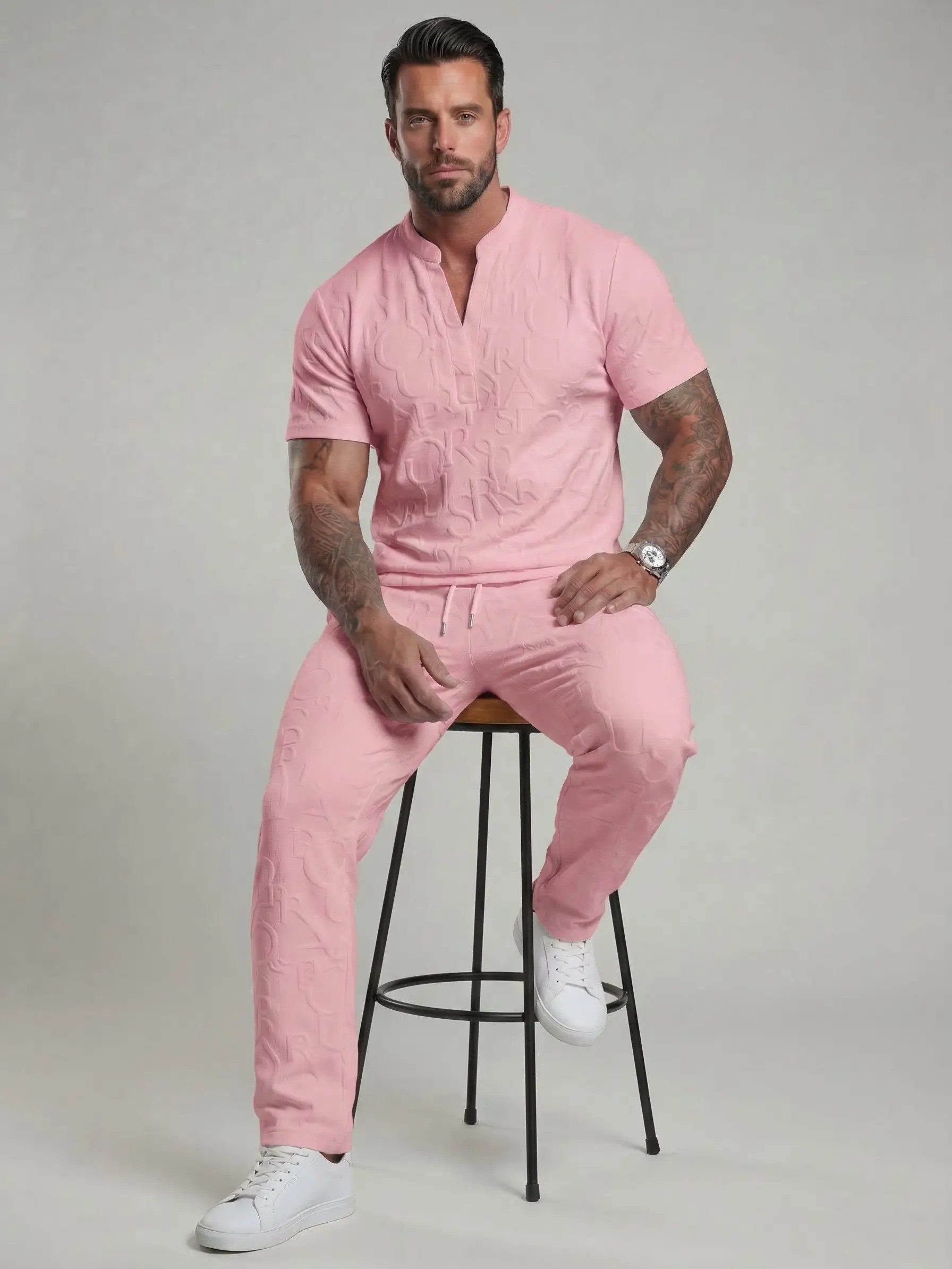 Men's 2-Piece Textured Tee & Drawstring Pants Set – Casual Spring & Fall Outfit
