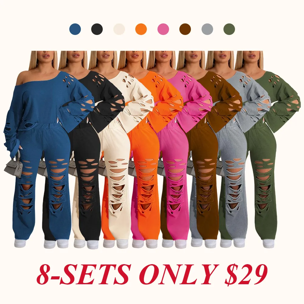 Women's Ripped Asymmetrical Neck Pullover & Wide Leg Pants Set