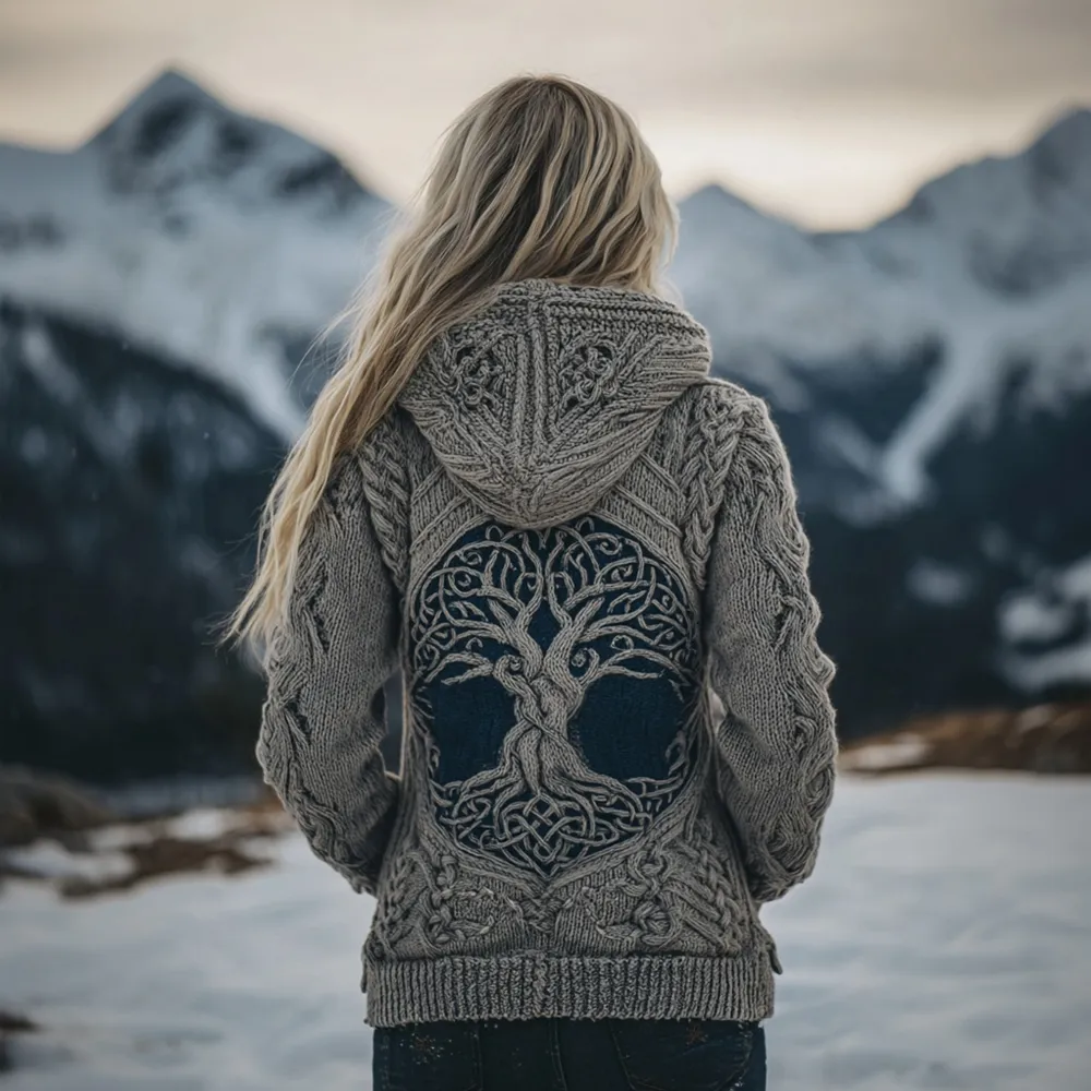 Viking Tree Of Life Pattern Celtic Knit Cozy Hooded Sweater