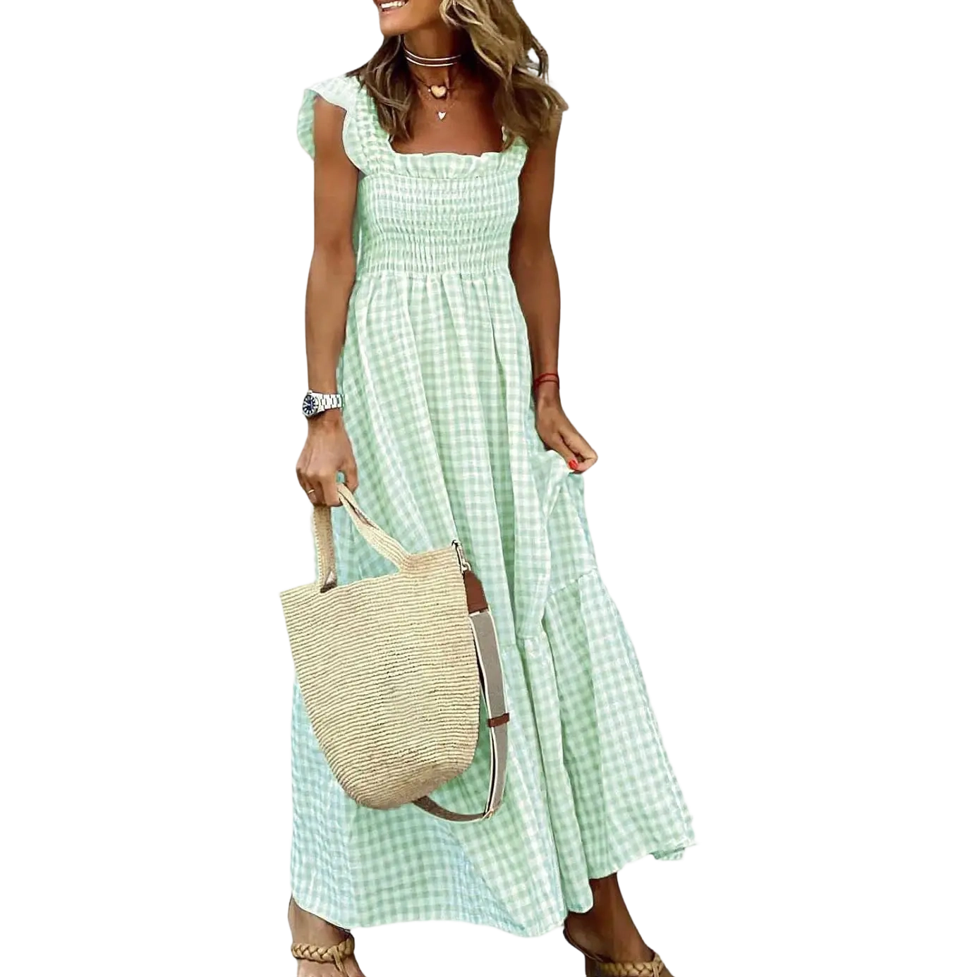 Women's retro plaid pleated sundress with ruffles
