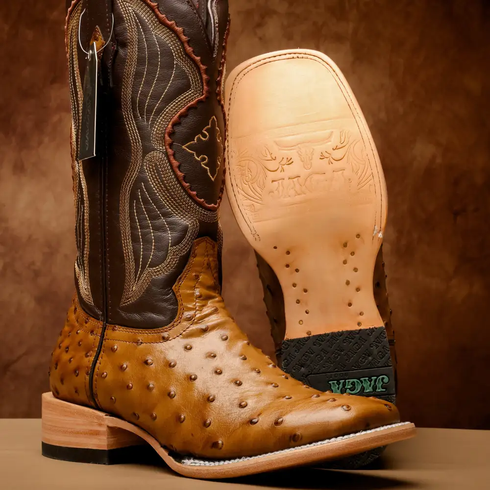 Honey Ostrich Leather Boots - Square Toe