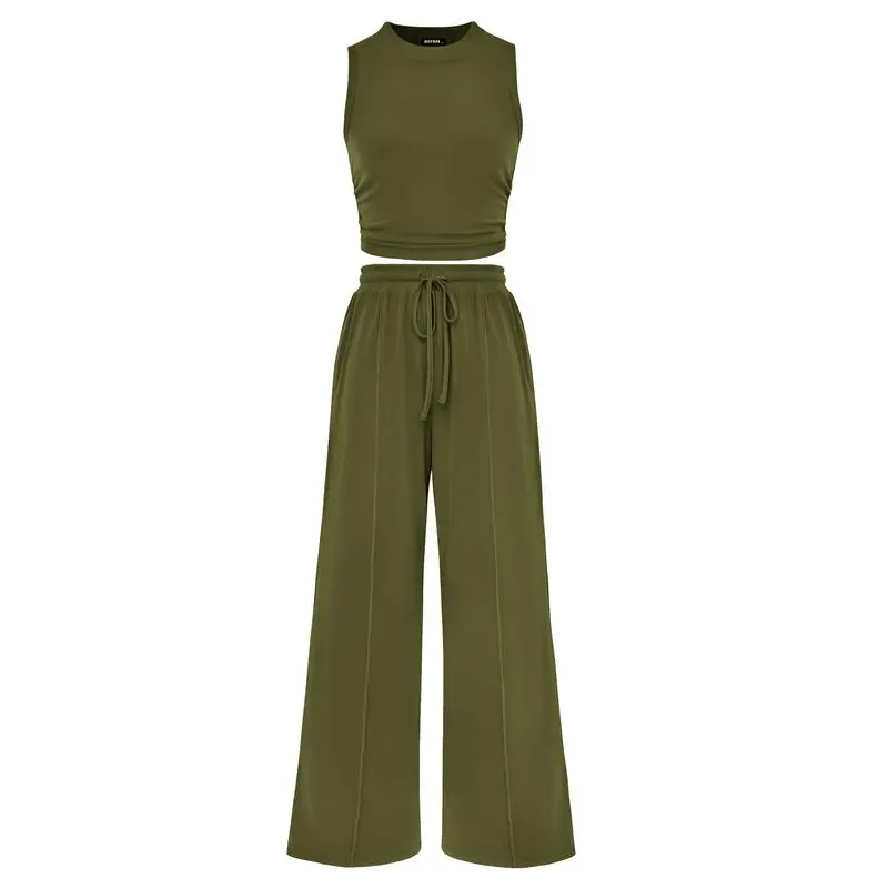 Women's Summer 2-Piece Outfits - Ribbed Knit Crew Neck Sleeveless Cropped Top & Wide Leg Pants Lounge Set