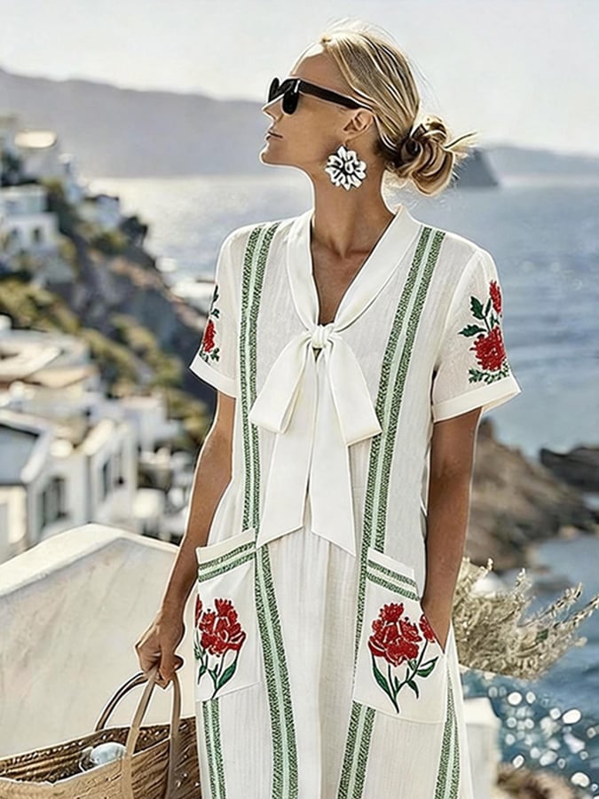 Women's Casual V-neck Resort Print Dress- Fast Shipping