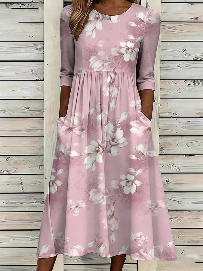 Women's Casual Round Neck Mid-Sleeve Floral Print Cotton Linen Dress- Fast Shipping